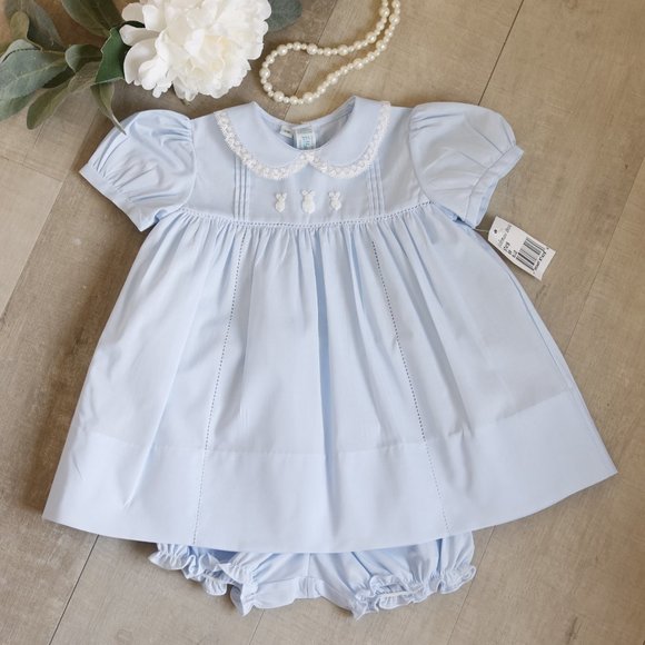 Blue Heirloom Dress Bunny Embroidery Lace Spring Portrait Feltman Brothers NWT - Picture 1 of 7